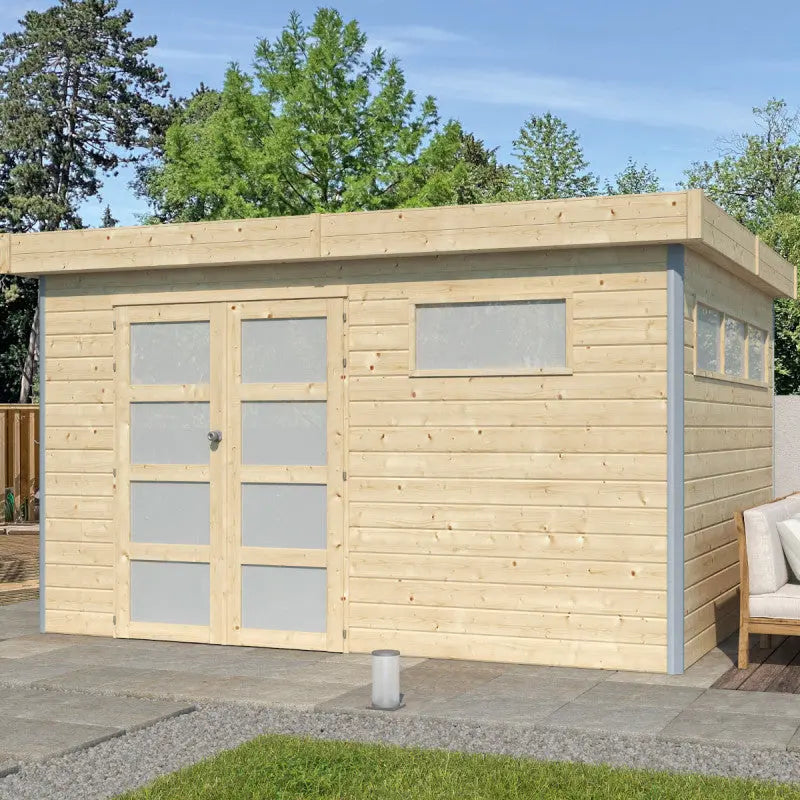 Abri Kasuko M 11,36m² en bois massif 28mm avec profils de coins en aluminium + porte et 2 fenêtres – Gardenas Ma boutique