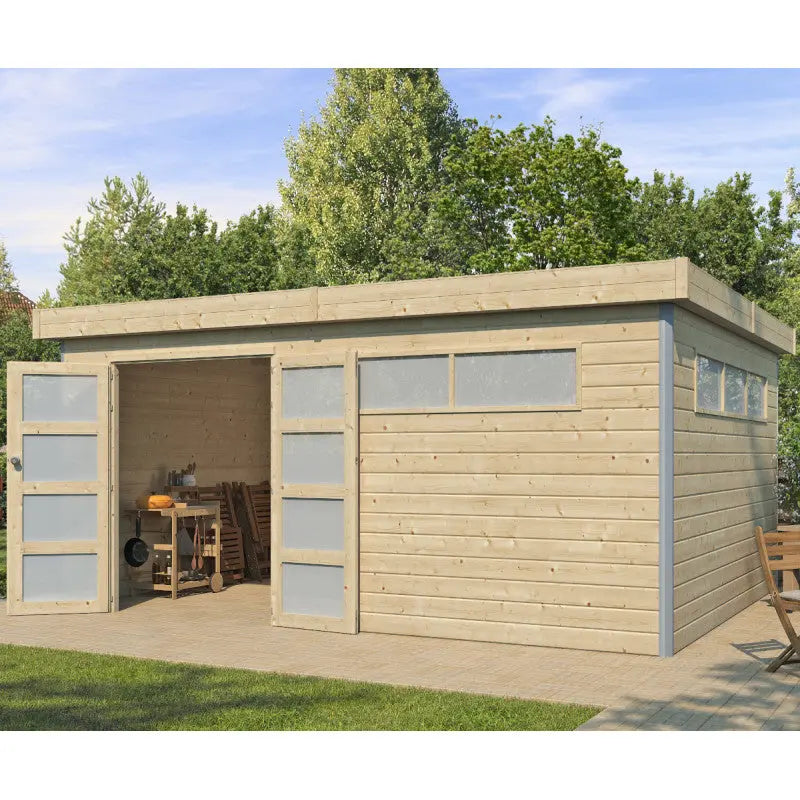Abri Kasuko XXL 18,67m² en bois massif 28mm avec profils de coins en aluminium + porte et 2 fenêtres – Gardenas Ma boutique