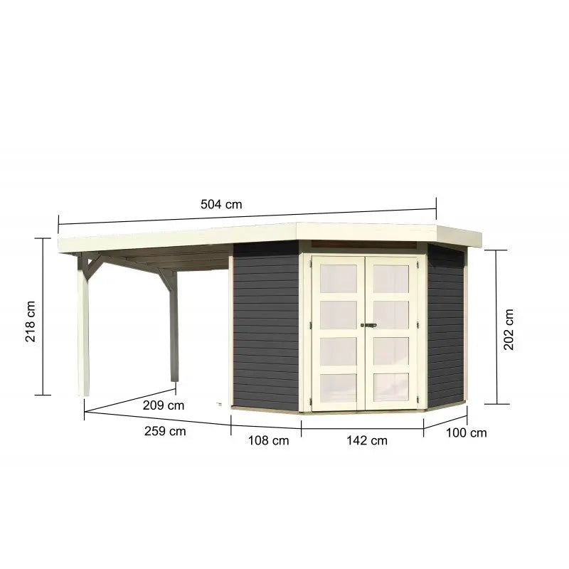 Abri toit plat 4,62m² Goldendorf 3 + auvent en bois vitrifié gris 19mm - Karibu Ma boutique