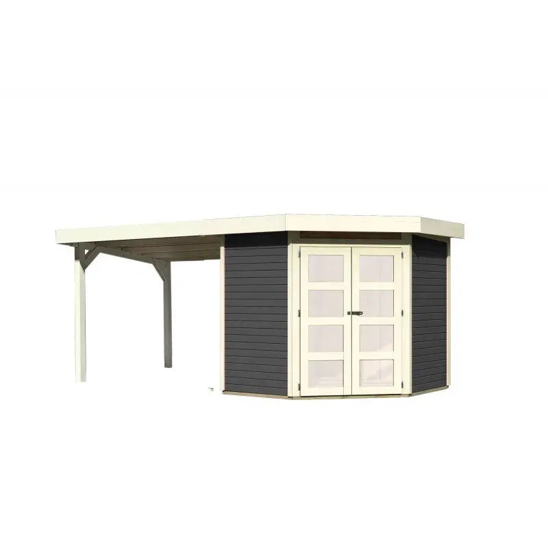 Abri toit plat 4,62m² Goldendorf 3 + auvent en bois vitrifié gris 19mm - Karibu Ma boutique