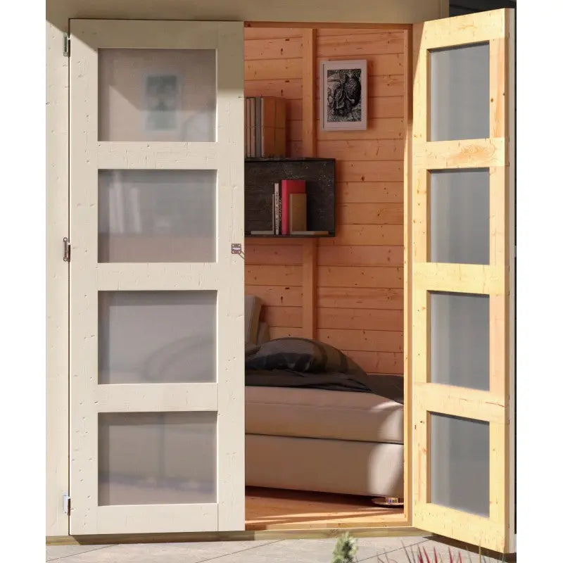 Abri toit plat 4,62m² Goldendorf 3 + auvent en bois vitrifié gris 19mm - Karibu Ma boutique