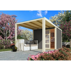 Abri toit plat en bois massif 19mm Qubic 6,05m² + appentis 5,6m² gris terre - Karibu Ma boutique