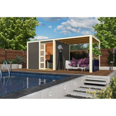 Abri toit plat en bois massif 19mm Qubic 6,05m² + appentis 5,6m² gris terre - Karibu Ma boutique