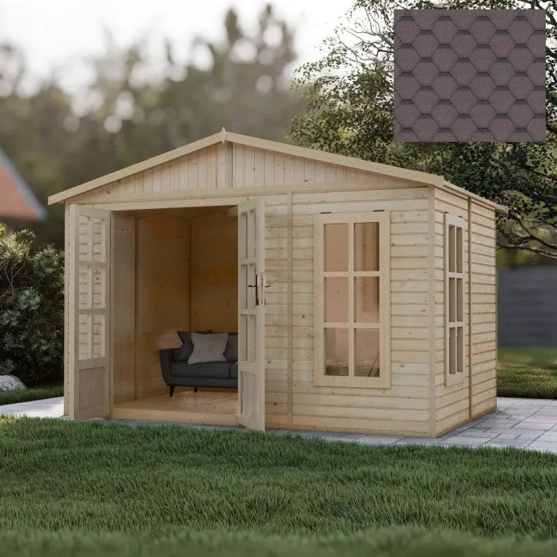 Bureau de jardin - 303x199cm - avec plancher et bardeaux bitumineux marrons - Timbela Ma boutique