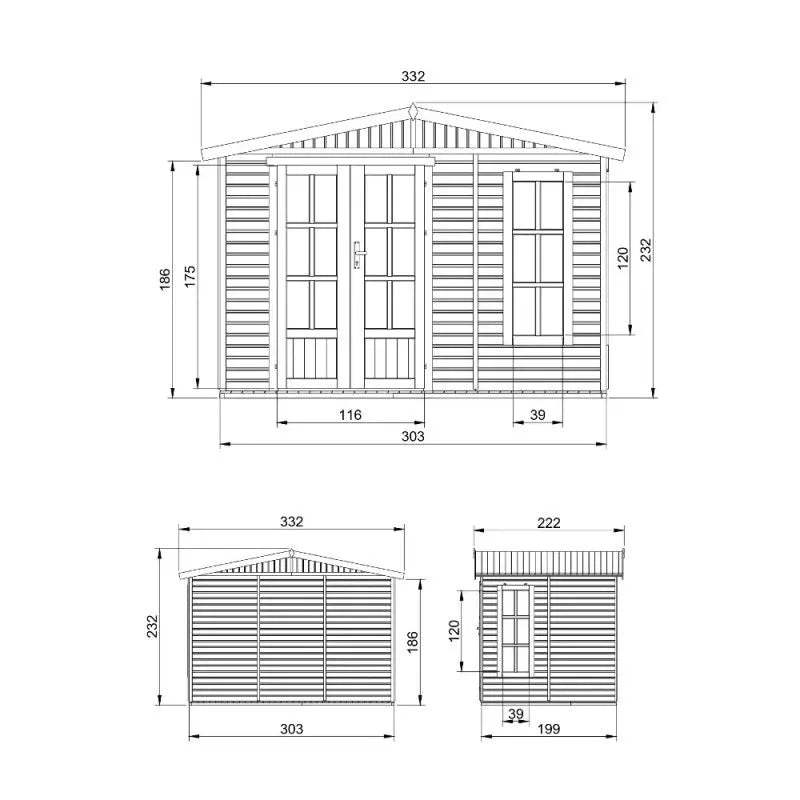 Bureau de jardin - 303x199cm - avec plancher et bardeaux bitumineux noirs - Timbela Ma boutique