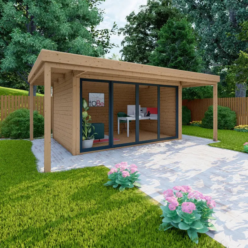 Bureau de jardin en bois massif avec terrasse 16,5m² - madriers 40mm traités et teintés marron Gardy Shelter Ma boutique
