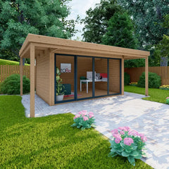 Bureau de jardin en bois massif avec terrasse 16,5m² - madriers 40mm traités et teintés marron Gardy Shelter Ma boutique