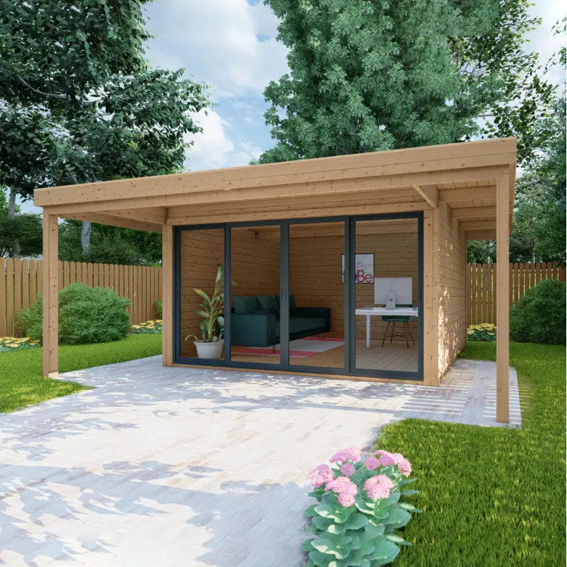 Bureau de jardin en bois massif avec terrasse 16,5m² - madriers 40mm traités et teintés marron Gardy Shelter Ma boutique