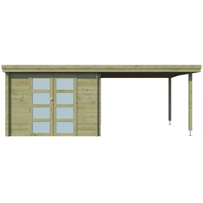 Chalet moderne Oregon 9,6m² + extension 300cm en bois traité 28mm avec porte double vitrée - Gardenas Ma boutique