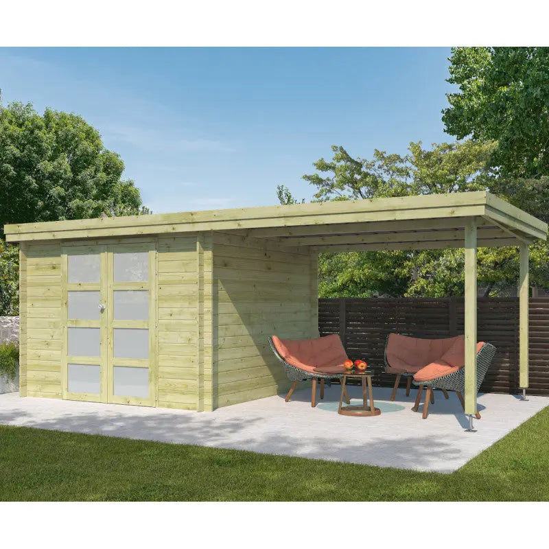 Chalet moderne Oregon 9,6m² + extension 300cm en bois traité 28mm avec porte double vitrée - Gardenas Ma boutique