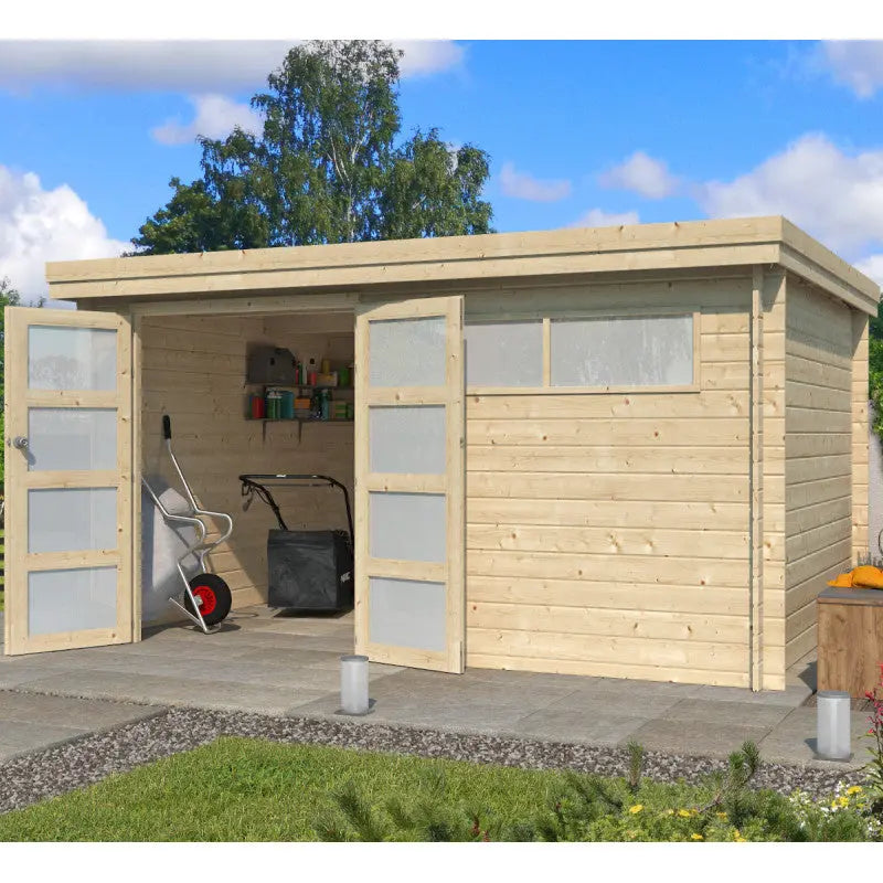 Chalet moderne Oregon 13,51m² en bois massif 28mm avec porte double vitrée+fenêtre - Gardenas Ma boutique