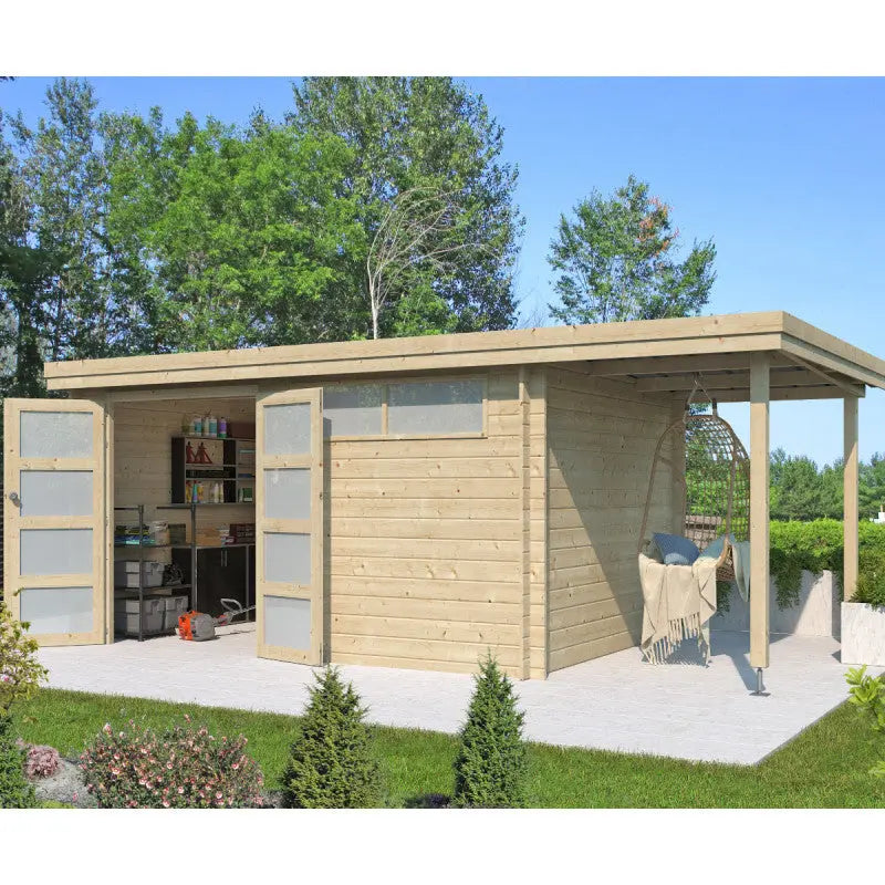 Chalet moderne Oregon 13,51m² + extension 150cm en bois massif 28mm avec porte double vitrée+fenêtre - Gardenas Ma boutique