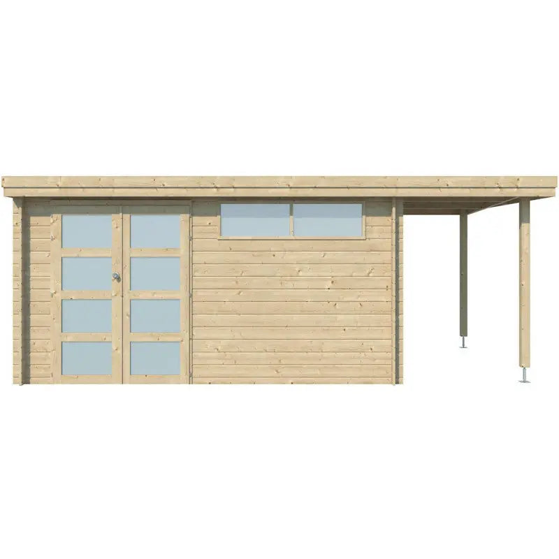 Chalet moderne Oregon 13,51m² + extension 150cm en bois massif 28mm avec porte double vitrée+fenêtre - Gardenas Ma boutique