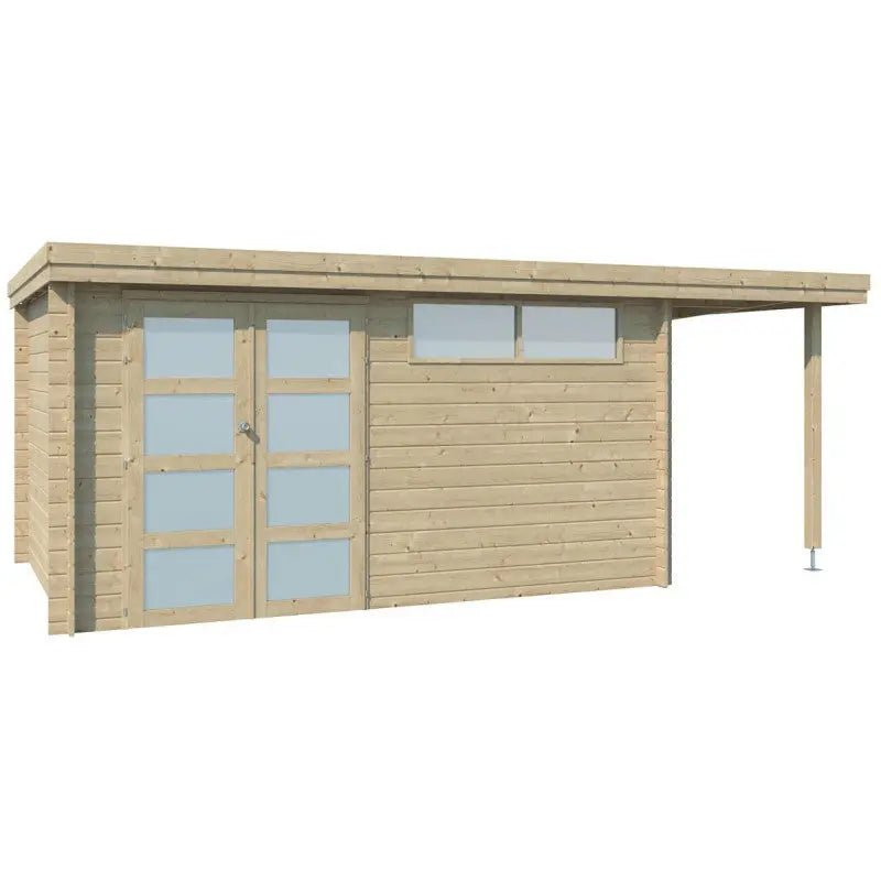 Chalet moderne Oregon 13,51m² + extension 150cm en bois massif 28mm avec porte double vitrée+fenêtre - Gardenas Ma boutique