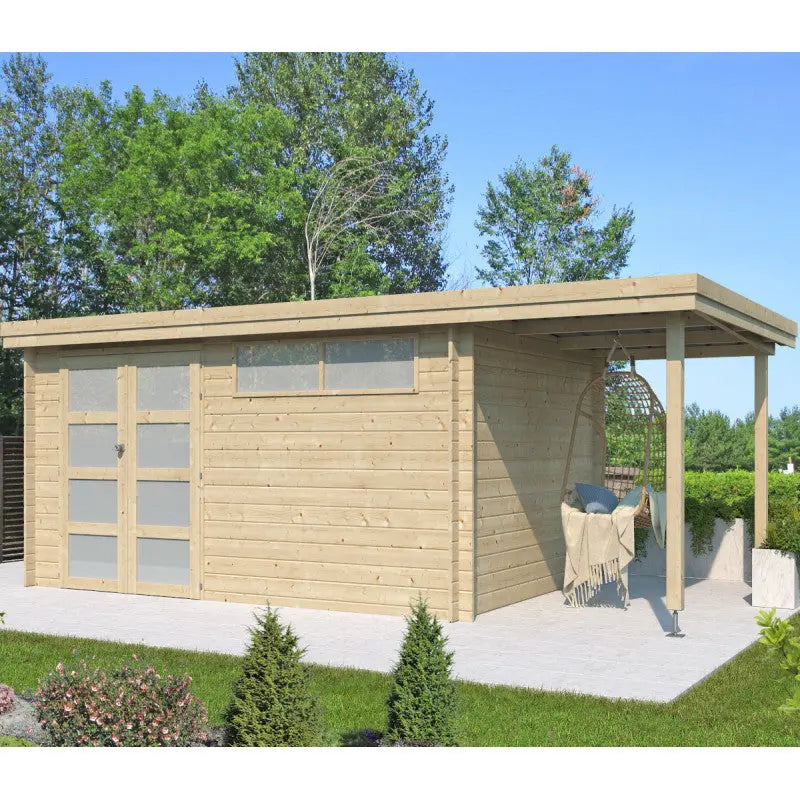 Chalet moderne Oregon 13,51m² + extension 150cm en bois massif 28mm avec porte double vitrée+fenêtre - Gardenas Ma boutique