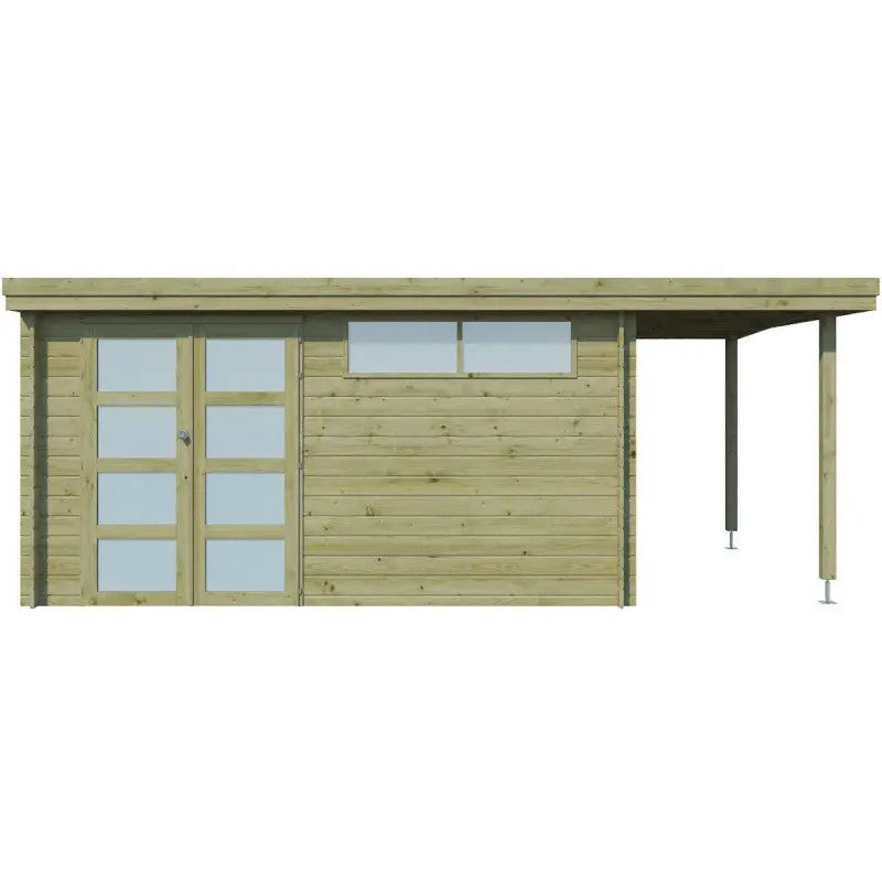 Chalet moderne Oregon 13,51m² + extension 150cm en bois traité 28mm avec porte double vitrée+fenêtre - Gardenas Ma boutique