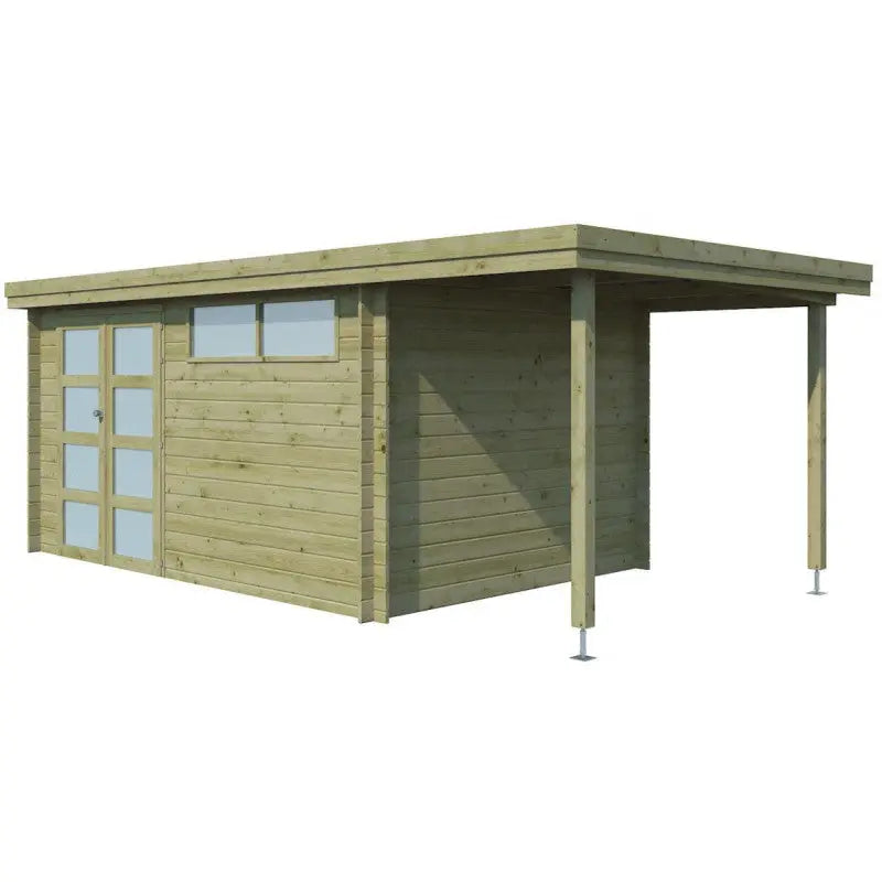 Chalet moderne Oregon 13,51m² + extension 150cm en bois traité 28mm avec porte double vitrée+fenêtre - Gardenas Ma boutique