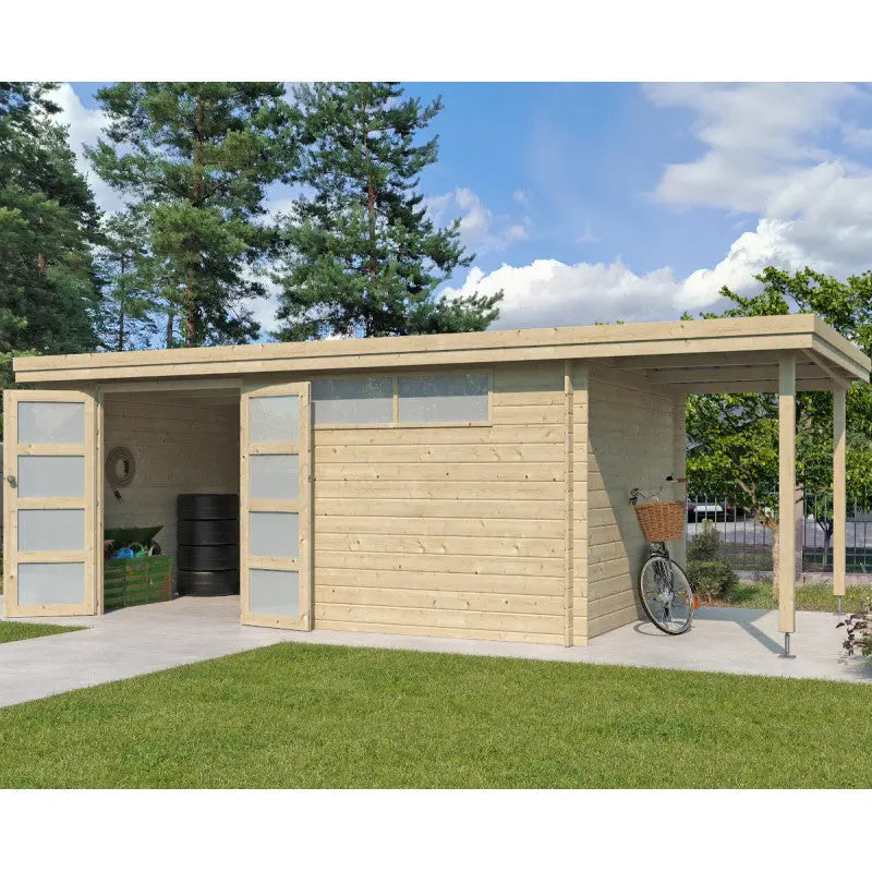 Chalet moderne Oregon 16,4m² + extension 150cm en bois massif 28mm avec porte double vitrée+fenêtre - Gardenas Ma boutique