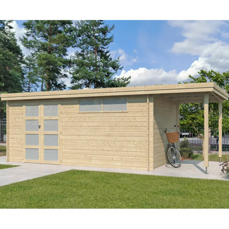 Chalet moderne Oregon 16,4m² + extension 150cm en bois massif 28mm avec porte double vitrée+fenêtre - Gardenas Ma boutique