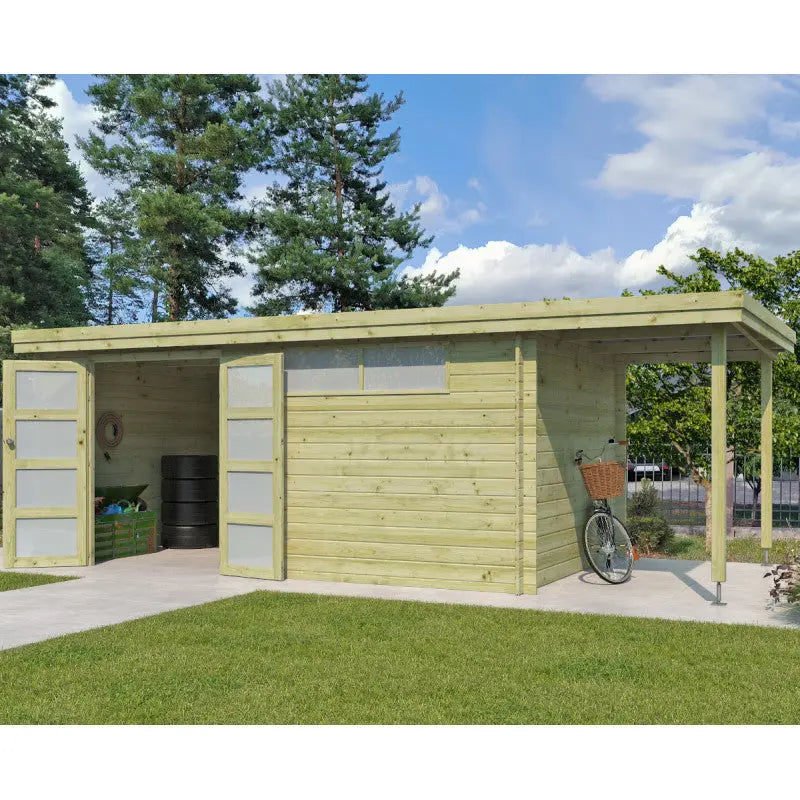 Chalet moderne Oregon 16,4m² + extension 150cm en bois traité 28mm avec porte double vitrée+fenêtre - Gardenas Ma boutique