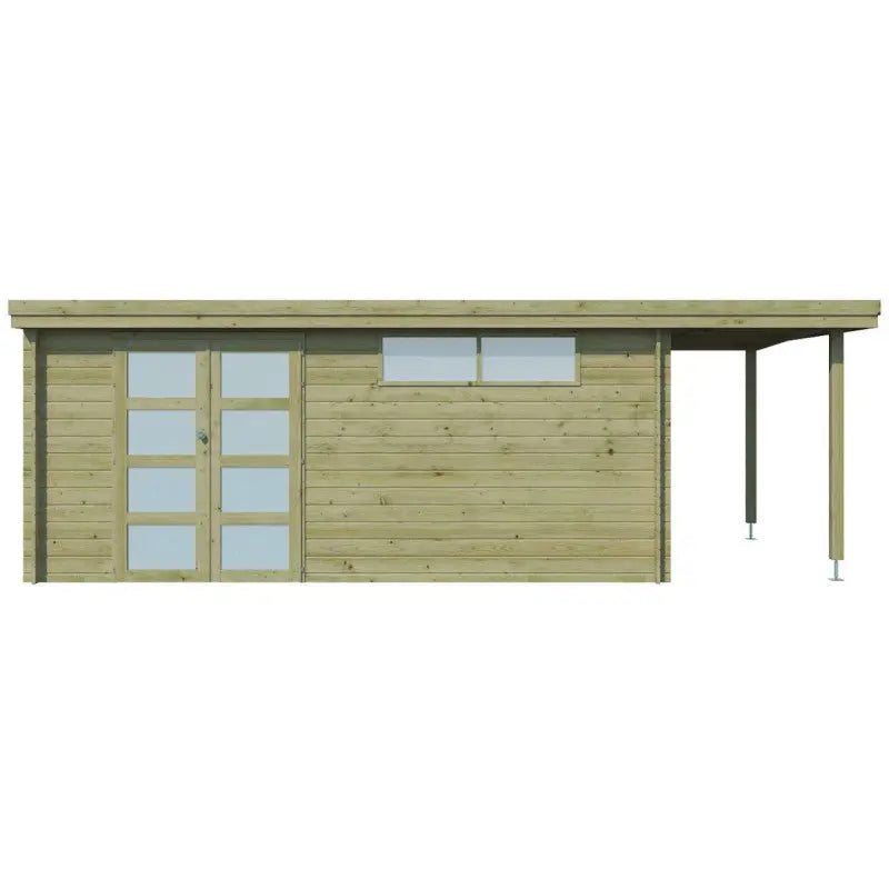 Chalet moderne Oregon 16,4m² + extension 150cm en bois traité 28mm avec porte double vitrée+fenêtre - Gardenas Ma boutique