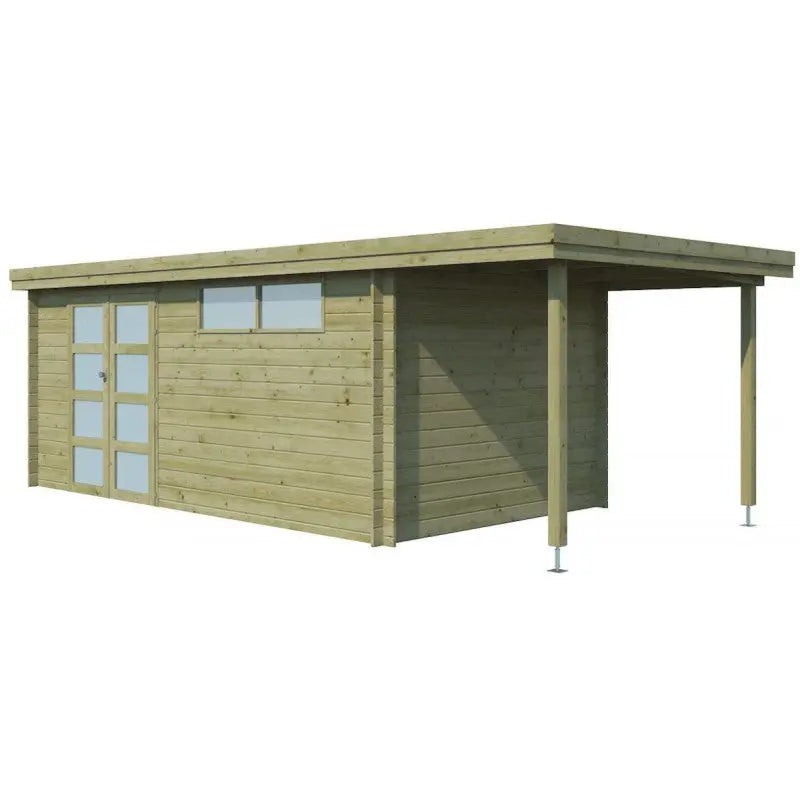 Chalet moderne Oregon 16,4m² + extension 150cm en bois traité 28mm avec porte double vitrée+fenêtre - Gardenas Ma boutique