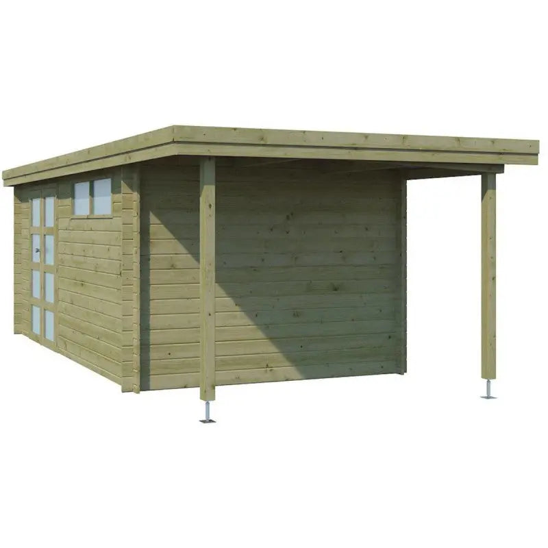 Chalet moderne Oregon 16,4m² + extension 150cm en bois traité 28mm avec porte double vitrée+fenêtre - Gardenas Ma boutique