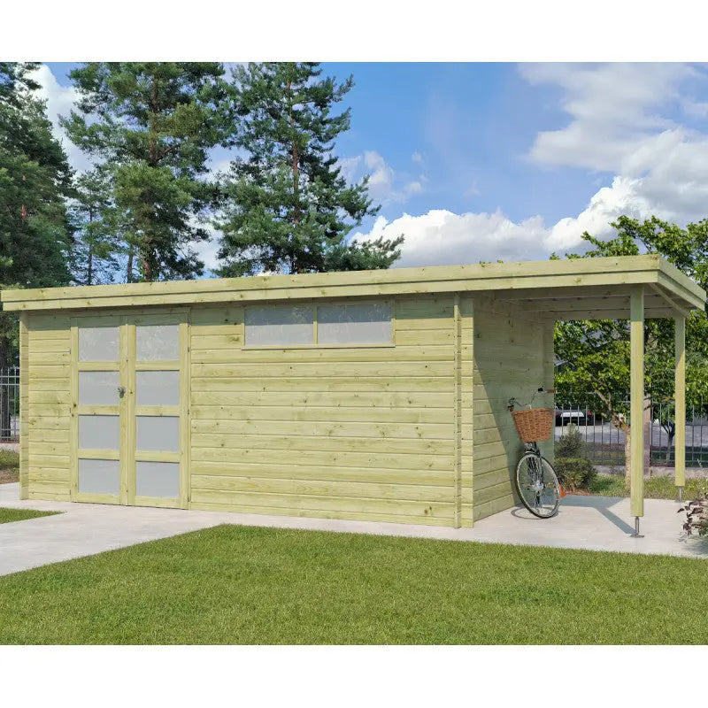Chalet moderne Oregon 16,4m² + extension 150cm en bois traité 28mm avec porte double vitrée+fenêtre - Gardenas Ma boutique