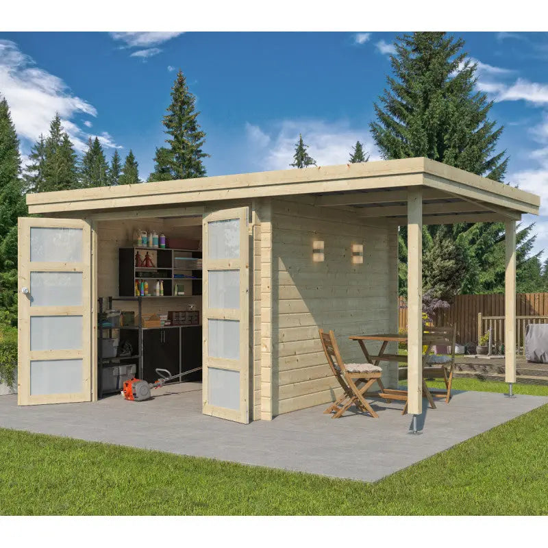 Chalet moderne Oregon 9,6m² + extension 150cm en bois massif 28mm avec porte double vitrée - Gardenas Ma boutique