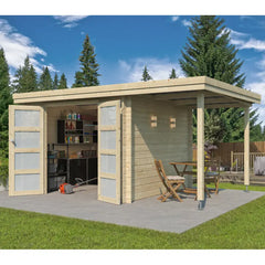 Chalet moderne Oregon 9,6m² + extension 150cm en bois massif 28mm avec porte double vitrée - Gardenas Ma boutique