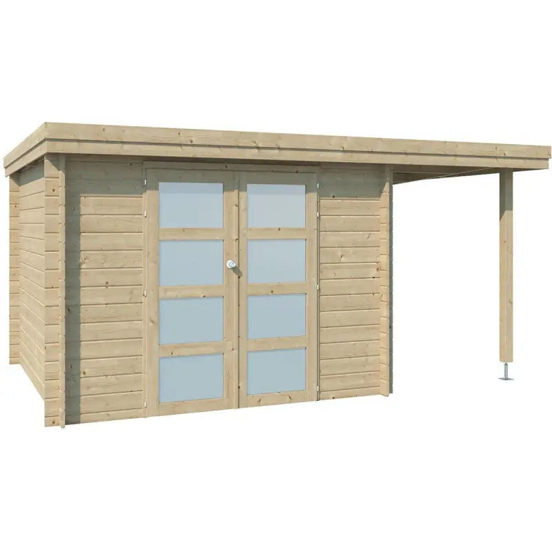 Chalet moderne Oregon 9,6m² + extension 150cm en bois massif 28mm avec porte double vitrée - Gardenas Ma boutique