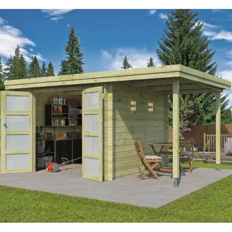 Chalet moderne Oregon 9,6m² + extension 150cm en bois traité 28mm avec porte double vitrée - Gardenas Ma boutique