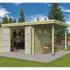Chalet moderne Oregon 9,6m² + extension 150cm en bois traité 28mm avec porte double vitrée - Gardenas Ma boutique