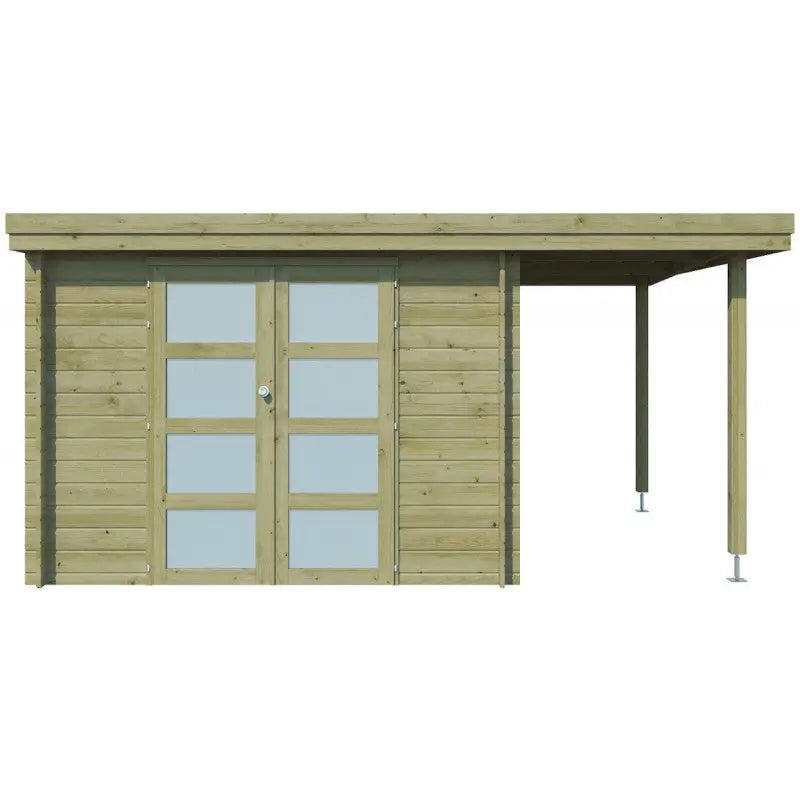 Chalet moderne Oregon 9,6m² + extension 150cm en bois traité 28mm avec porte double vitrée - Gardenas Ma boutique