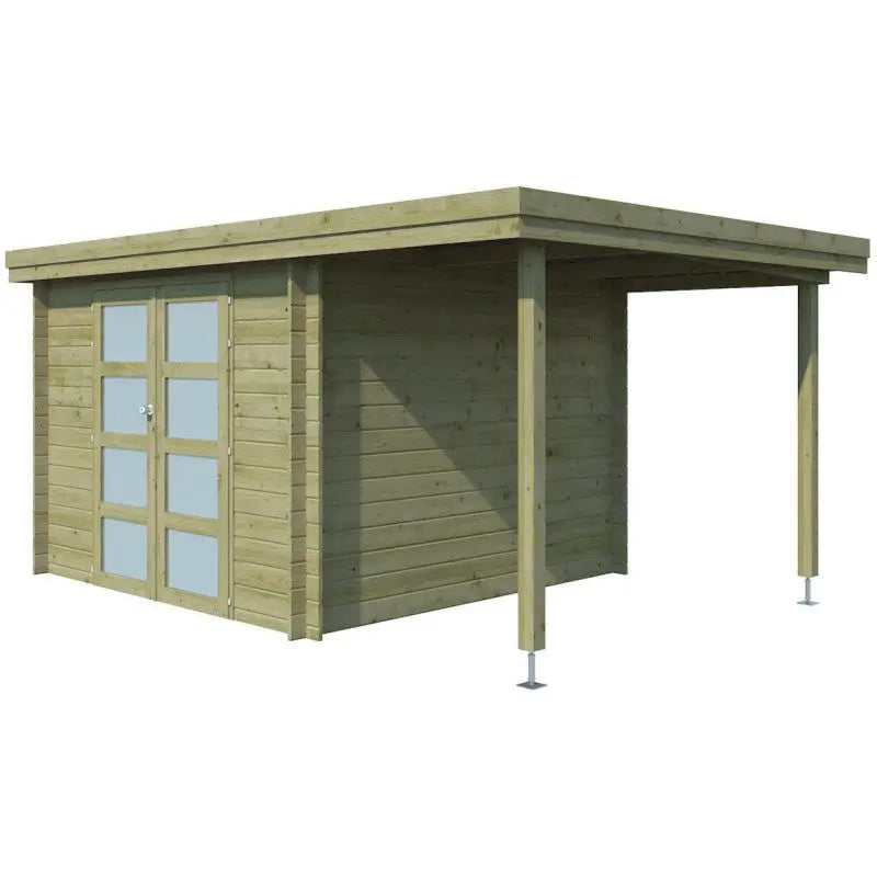 Chalet moderne Oregon 9,6m² + extension 150cm en bois traité 28mm avec porte double vitrée - Gardenas Ma boutique