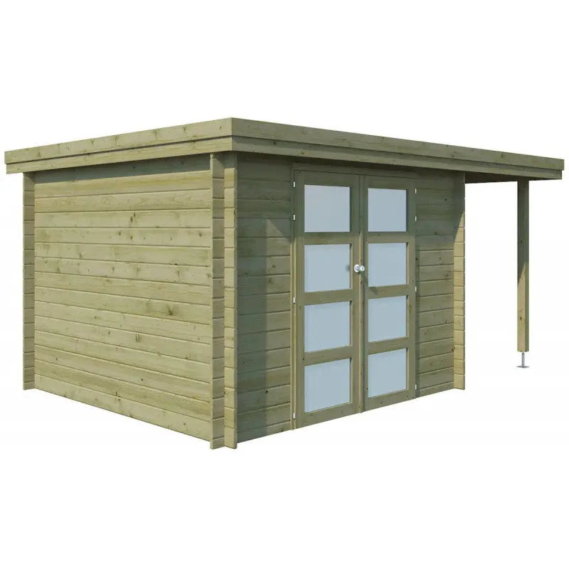 Chalet moderne Oregon 9,6m² + extension 150cm en bois traité 28mm avec porte double vitrée - Gardenas Ma boutique