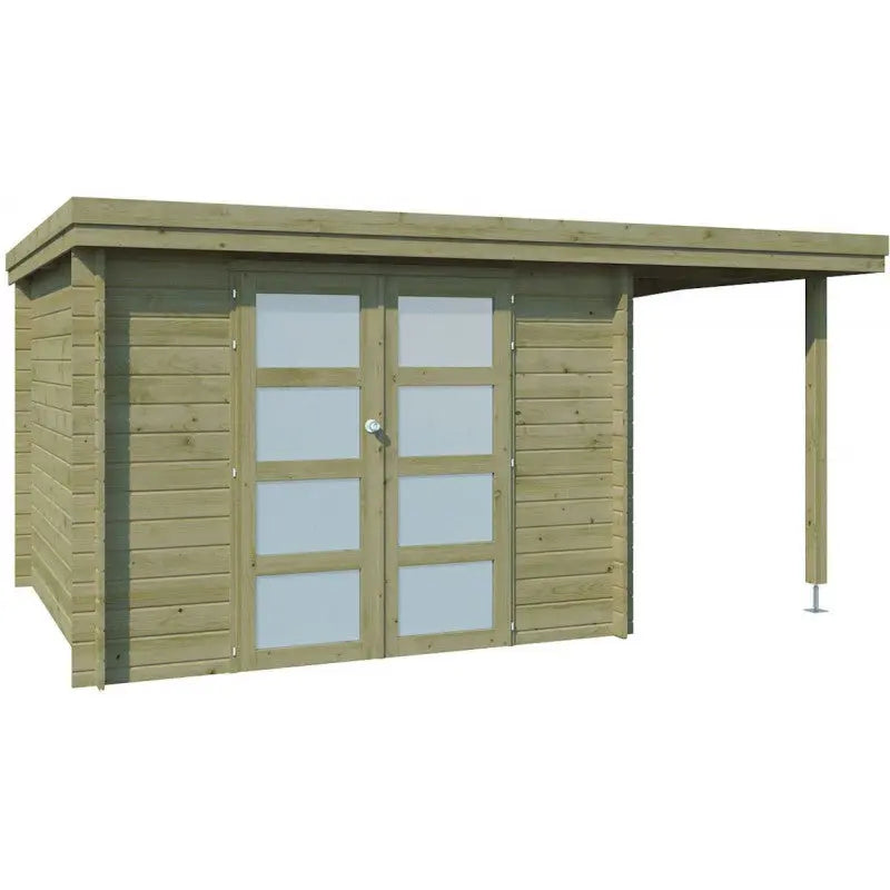 Chalet moderne Oregon 9,6m² + extension 150cm en bois traité 28mm avec porte double vitrée - Gardenas Ma boutique