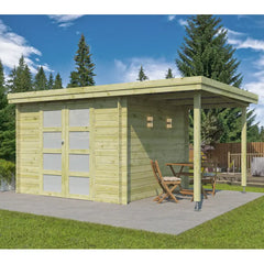 Chalet moderne Oregon 9,6m² + extension 150cm en bois traité 28mm avec porte double vitrée - Gardenas Ma boutique