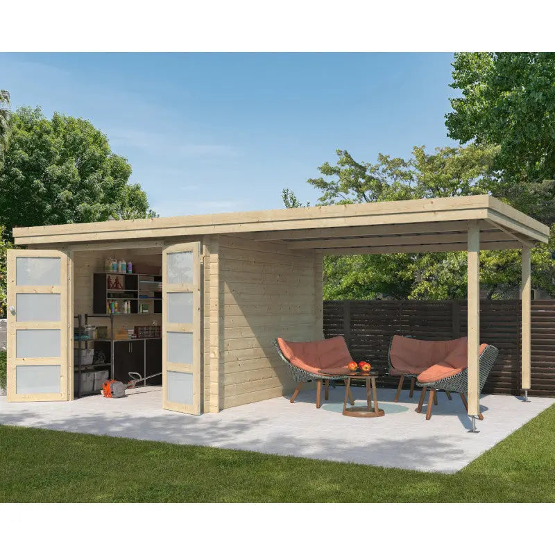 Chalet moderne Oregon 9,6m² + extension 300cm en bois massif 28mm avec porte double vitrée - Gardenas Ma boutique