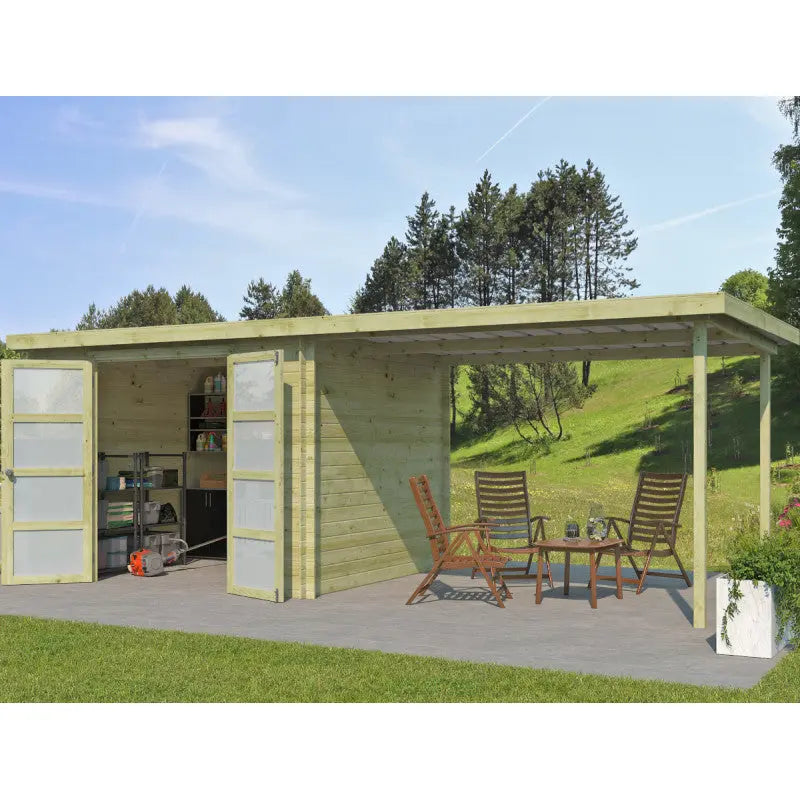 Chalet moderne Umea 8,5m² + extension 300cm en bois traité 19mm avec porte double vitrée - Gardenas Ma boutique